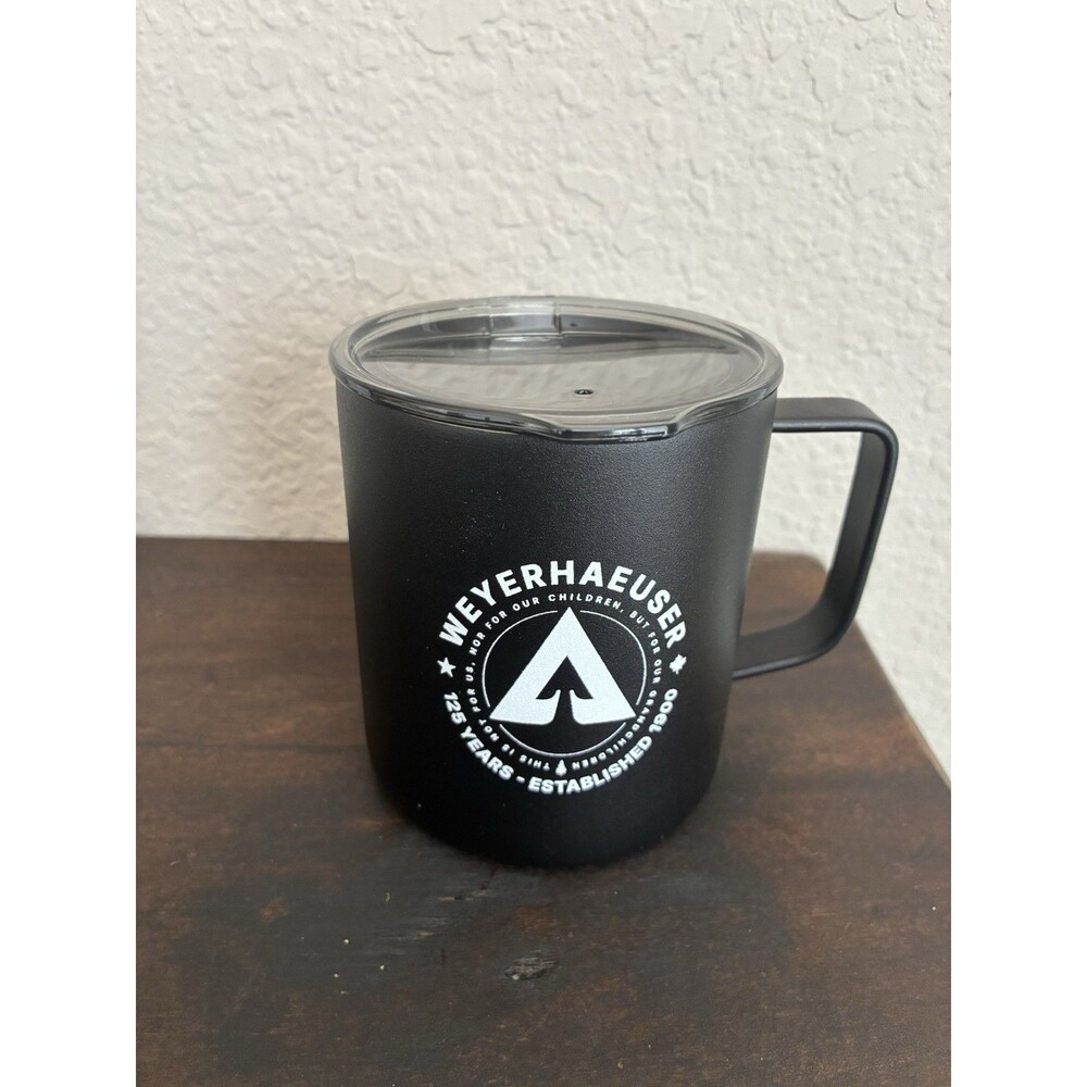 Weyerhaeuser Logo 125 Years Travel Mug With Lid Black Stainless 12oz Insulated